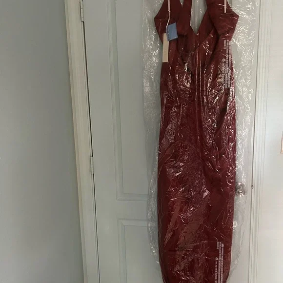 Charmeuse halter bridesmaid dress - color is Cinnamon - Picture 4 of 5